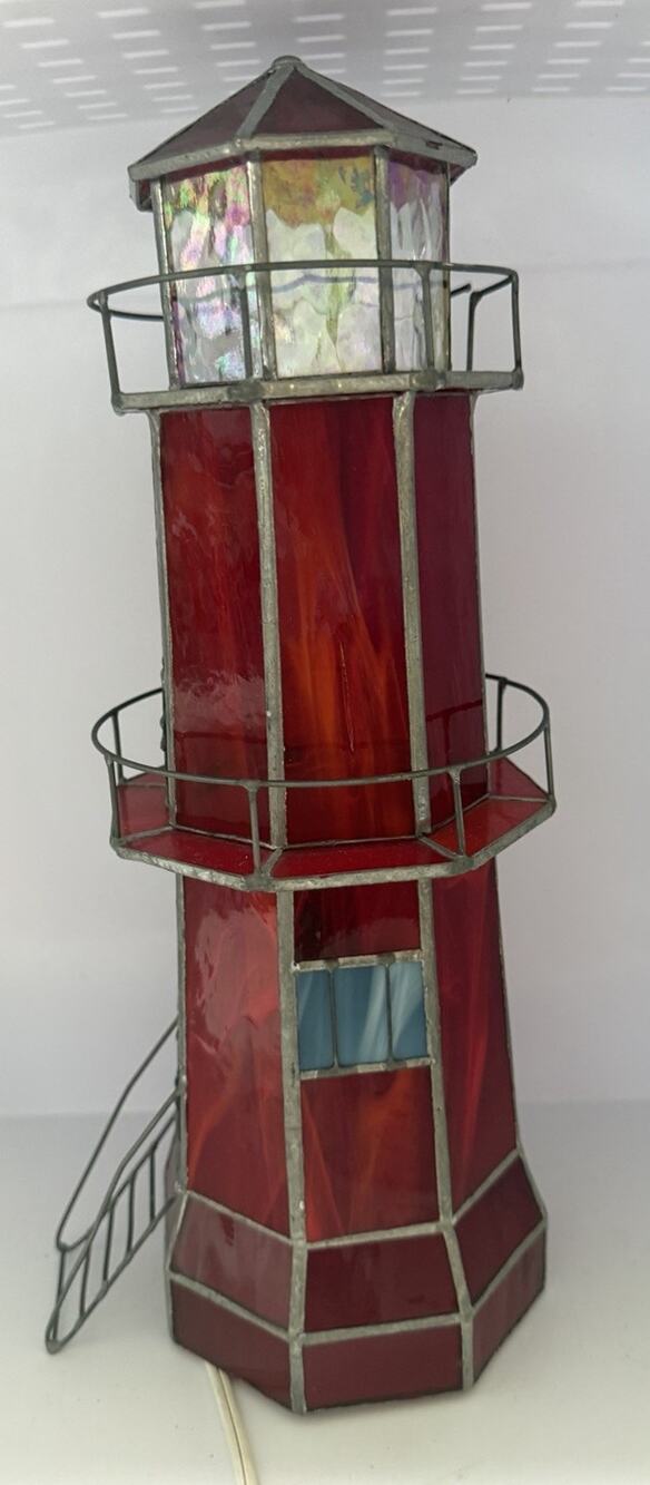 Vintage Tiffany Style Red Stained Glass Lighthouse Nautical Table Lamp 13”x4”